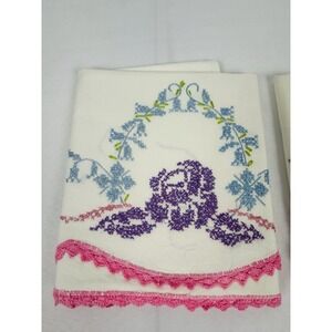 Vintage Cross Stitched Pillowcases White w/Pink Purple Blue Floral 30 x 20